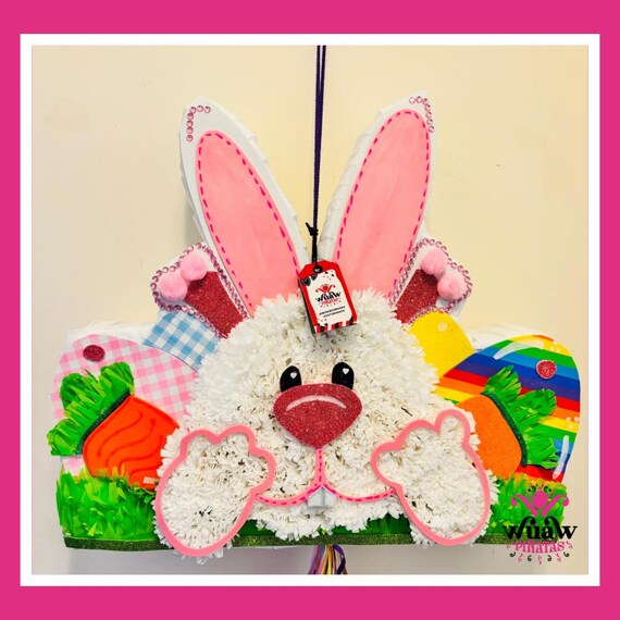 Piñata Conejo de Pascua con Relieve y Brillos – 19.6 inches | Decoración Primaveral Hecha a Mano | Envío Gratis