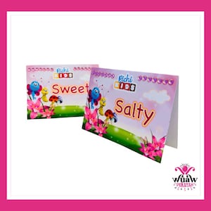 Placas de mesa doces e salgadas para festas infantis | Etiquetas temáticas para buffet | Decoração de mesa de festa personalizada | Uau, pinhatas