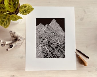 Mountains Linocut Print | Original Printing | Art Print | Handmade limited edition perfect decor