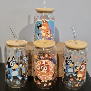 Bluey and Bingo glass can cups with glass straw