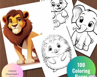 100 Baby and Adult Animals Coloring Page Book, Adults + kids- Instant Download Grayscale Coloring Page, Printable PDF, Cute Animals coloring