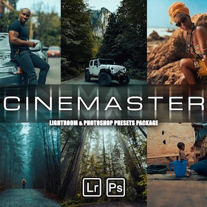 Puede incluir: Un collage de imágenes con el texto "CINEMASTER" y "LIGHTROOM & PHOTOSHOP PRESETS PACKAGE". Las imágenes incluyen una persona junto a un coche, un Jeep blanco, una persona en una playa y escenas de bosque, sugiriendo un tema fotográfico.