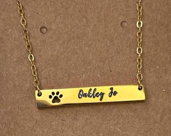 Engravable 18K PVD Gold Paw Print Bar Necklace