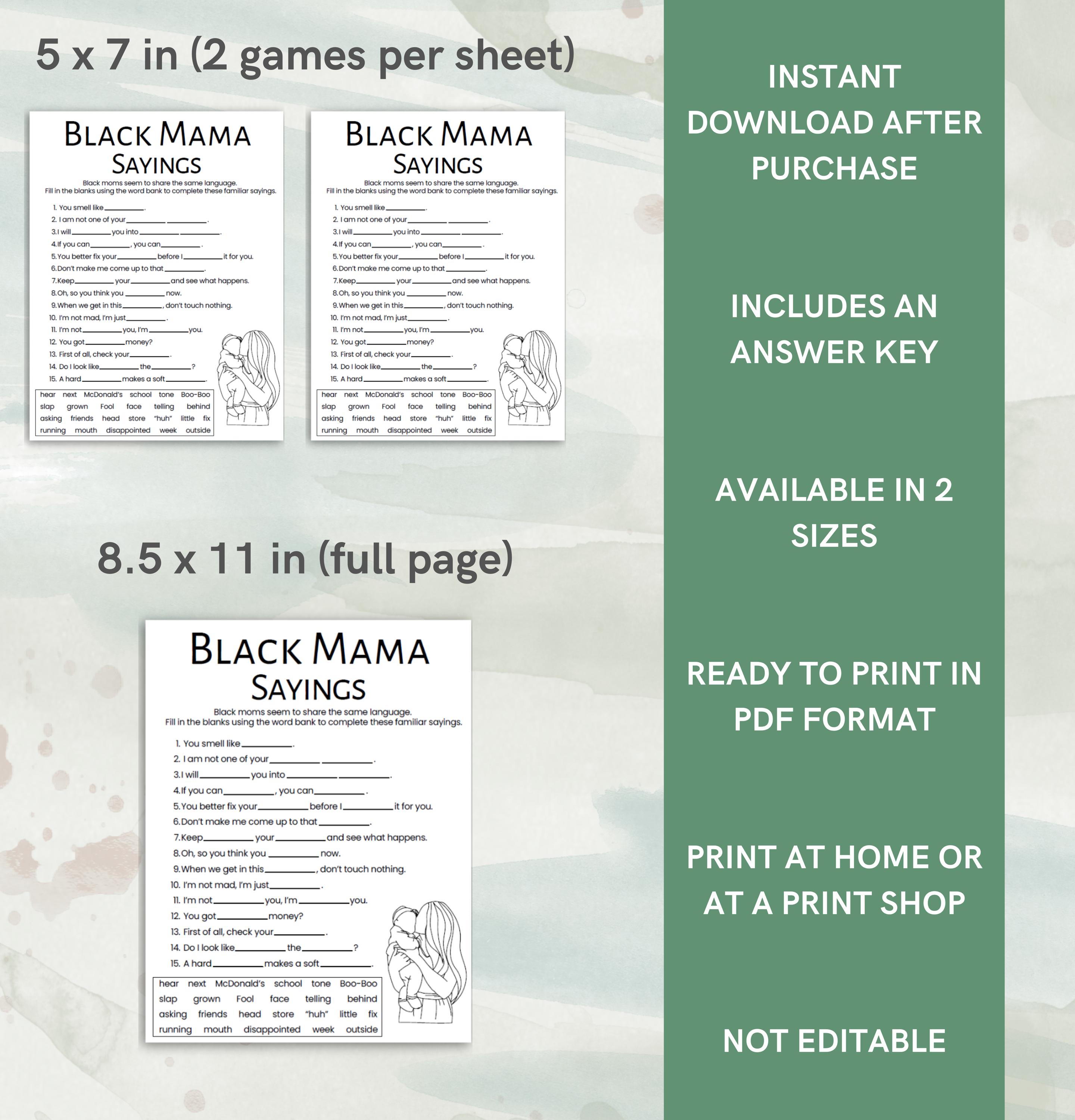Black Mama Sayings Game With Word Bank | Black Baby Shower Game | Black ...