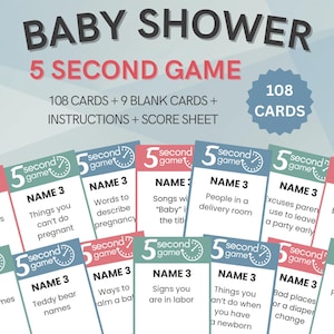 May include: A set of 108 baby shower game cards with a 5-second timer on each card. The cards are pink, blue, and green with white text. The cards are labelled "Name 3" and have various baby shower-themed prompts. The cards are part of a baby shower game.