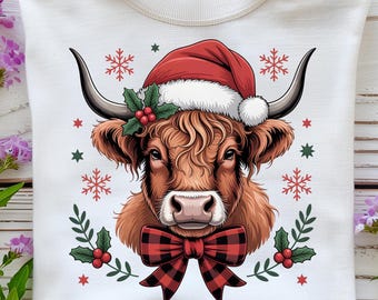 Christmas Highland Cow PNG, Western Santa Cow Sublimation Design, Coquette Aesthetic Holiday Art, Festive Plaid Bow Farm Animal PNG