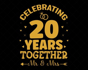May include: A gold digital design on a black background, celebrating a 20-year anniversary. The text reads "Celebrating 20 Years Together, Mr & Mrs", with wedding rings and decorative hearts and stars.