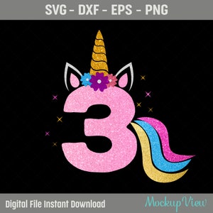 Unicorn 3 verjaardag meisje Svg, derde verjaardag Baby meisje Svg, 3 jaar oude Eenhoorn verjaardag Svg, 3e verjaardag Eenhoorn Svg Dxf Png Eps snijden