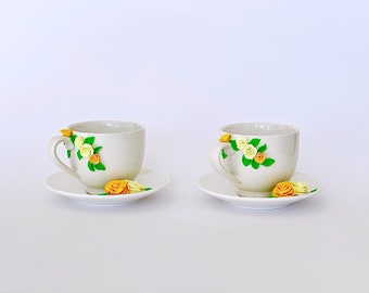 Floral Espresso Cups: Hand-Decorated Ceramic Set of two with Elegant Vintage Design