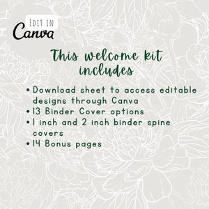 May include: A white floral background with green text that reads "EDIT IN Canva" and "This welcome kit includes" followed by a list of items: "Download sheet to access editable designs through Canva", "13 Binder Cover options", "1 inch and 2 inch binder spine covers", and "14 Bonus pages".