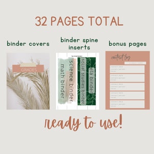May include: A set of printable binder covers and spine inserts for school organization. The covers feature a tropical leaf design in shades of brown and green. The spine inserts are labeled with subjects like math, science, social studies, and ELA. The set also includes a contact log page with space for student name, contact information, and notes.