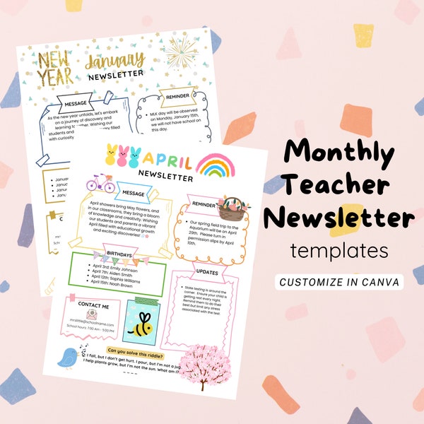 Monthly Classroom Newsletter, Colorful Class Newsletter, Elementary Newsletter, Preschool Newsletter, Daycare Newsletter, School Newsletter