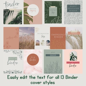 May include: A set of 13 printable binder covers with different designs and text. The covers feature a variety of colors, including green, brown, pink, and white. The text on the covers includes "Teacher Binder", "Master Copies", "Contact Log", "Guest Educator Binder", "Meeting Notes", "Lesson Plans", "Documentation Logs", "Emergency Binder", "Grades", "Math Binder", "ELA Binder", "Science Binder", and "Social Studies Binder".