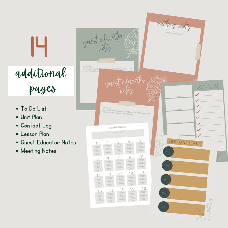 May include: A set of 14 printable planner pages with a green, brown, and peach color scheme. The pages include a to-do list, unit plan, contact log, lesson plan, guest educator notes, and meeting notes.