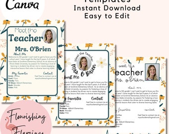 Meet the teacher template, back to school flyer, Flower Teacher introduction flyer, Teacher letter, First Day of School printable