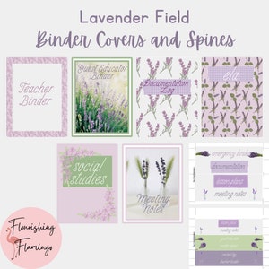 May include: Printable binder covers and spines featuring a lavender field theme. The covers include titles like "Teacher Binder", "Guest Educator Binder", "Documentation Log", "Social Studies", and "Meeting Notes". The spines include titles like "Emergency Binder", "Documentation", "Lesson Plans", and "Meeting Notes".