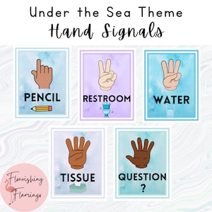 Under the Sea Classroom Decor Hand Signals, Watercolor Hand Signals, Ocean Classroom Hand Signals, Watercolor Classroom Management Posters
