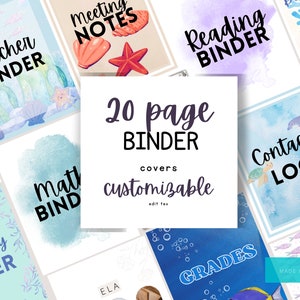 May include: A set of 20 customizable binder covers featuring a watercolor ocean theme. The covers include titles such as "Teacher Binder", "Reading Binder", "Math Binder", "Contact Log", and "Grades".