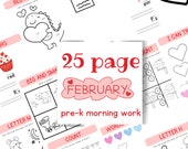 February Preschool morning work printable, homeschool preschool, Prek worksheets,  February Pre-k Sub Work No Prep, Valentines Day Preschool