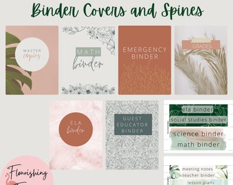 May include: A set of printable binder covers and spines with a modern boho aesthetic. The covers feature various illustrations, including plants, flowers, and geometric patterns. The spines include text labels for different subjects, such as "Math", "ELA", "Guest Educator", and "Emergency Binder".