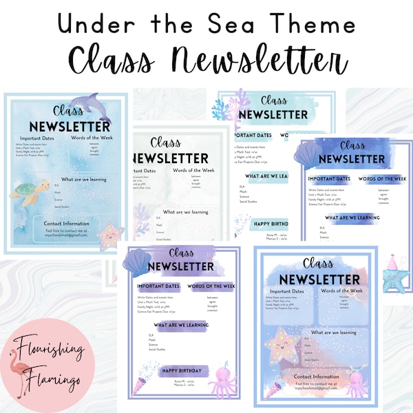 Monthly Classroom Newsletter, Watercolor Class Newsletter, Elementary Newsletter, Preschool Newsletter, Daycare Newsletter, Under the Sea