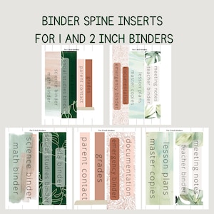 May include: Set of printable binder spine inserts for 1 and 2 inch binders. The inserts feature a watercolor background with green foliage and text in brown and white. The text includes "meeting notes", "teacher binder", "lesson plans", "master copies", "documentation", "emergency binder", "grades", "parent contact", "ela binder", "social studies binder", "science binder", and "math binder".