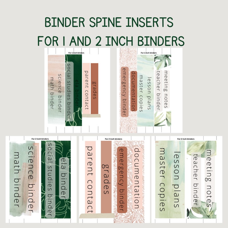 May include: Set of printable binder spine inserts for 1 and 2 inch binders. The inserts feature a watercolor background with green foliage and text in brown and white. The text includes "meeting notes", "teacher binder", "lesson plans", "master copies", "documentation", "emergency binder", "grades", "parent contact", "ela binder", "social studies binder", "science binder", and "math binder".