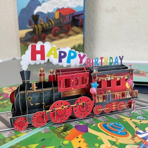 Tarjeta emergente de tren 3D, tarjeta de feliz cumpleaños, tarjeta emergente de cumpleaños