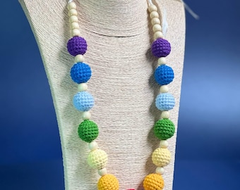 Handmade Crochet Wool Necklace: Rainbow Color Beads