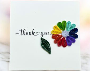 Handmade Quilled Rainbow Flower Thank You Card, Gratitude Gift