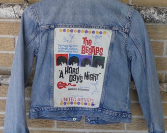 Hand painted Beatles "Hard Days Night" denim jacket in vintage poster style (measurements in description)