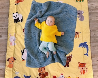 Organic Cotton Baby Play Mat, Animals Design, Machine Washable
