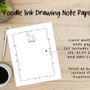 May include: A white lined note paper with a doodle of a poodle and the word "Notes". The paper is surrounded by a decorative border. Text on the paper reads "Lined multi-use note paper" and "Set includes 4 sizes (A4, A5, US Letter and Half-Letter)".