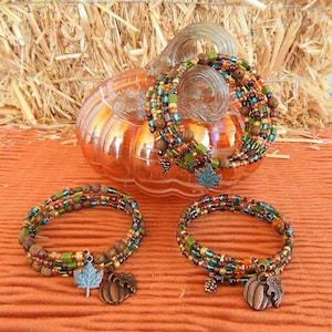 Thanksgiving/Fall/Autumn Glass Seed Bead and Wood Bead Memory Wire Wrap Bracelet--Choice of Design
