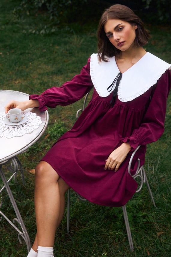 burgundy peter pan collar dress Maeva Satin Midi Dress in Burgundy Maroon