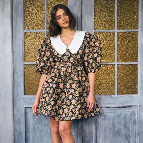 Floral Jacquard Winter Dress  Retro Collar, Puff Sleeves - Etsy New Zealand