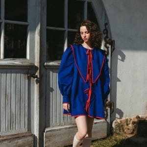 Oversized Collar Mini Dress, 100% Cotton Blue Summer Dress for Women, Vintage Collared Outfit, Elegant Stylish Dress, Summer Outfit