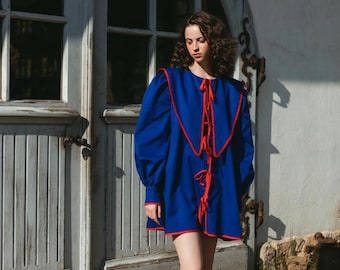 Blue Cotton Mini Dress: Oversized Collar Vintage Style