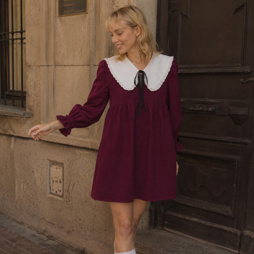 Burgundy Babydoll Dress Romantic Mini Dress Summer Outfit Women Long Sleeve Dress European Fashion Style Retro Femine Cloths