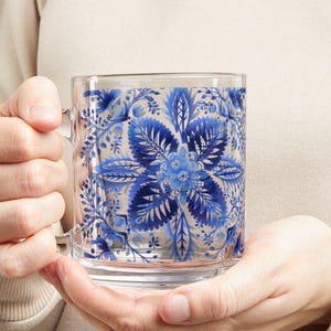 Floral Design Glass Mug, 10oz - Perfect for Coffee Lovers Tea Time, Home Decor Gifts for Her Kitchen Accessories Blue Patterned on clear Mug