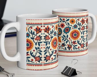 Floral Ceramic Coffee Mug: Vibrant Scandinavian Design, Boho Home Decor