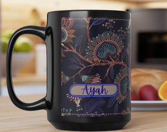 Indonesian Ayah Floral Mug 15oz | Black/floral Ceramic