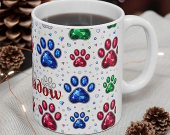 Dog Paw Colorful Jeweled-look Print Pattern Mug | Personalized Name Option