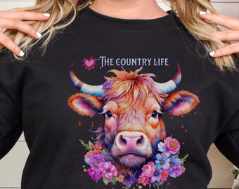 Love country life cow head pink flowers Unisex Sweatshrt outdoor comfort gift for him gift for her Farm lovers sweatshirt country girl shrt
