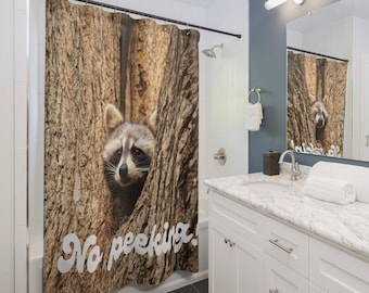 Funny Shower Curtain cute Peeking racoon Rustic decoration shower curtain Rustic decor shower curtain &quot;no peeking&quot; funny curtain
