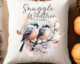 Winter Birds Pillow: Cabin Decor, Fall Vibes, Spun Polyester Square Pillow