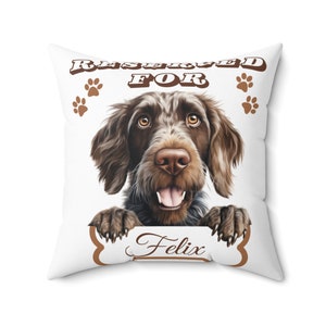 May include: White square cushion with a brown and white dog illustration. The text "RESERVED FOR" is at the top, with paw prints. A bone-shaped sign says "Felix".