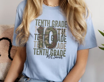 10th Grade Shirt Back to School Personalized Teacher Shirt - 10th Shirt Gift For Teacher Name Shirt School Shirt - Camouflage Print Shirt