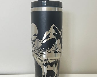 Elk with Mountain Scene 40oz Tumbler with Handle, Insulated Laser Engraved Tumbler, Elk engraved stainless steel 40oz tumbler