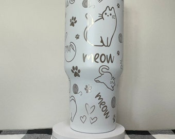 Cat Lover 40oz Tumbler, Cat Engraved Tumbler, 40oz Tumbler, Laser Engraved Tumbler, Stainless Steel Tumbler with Handle